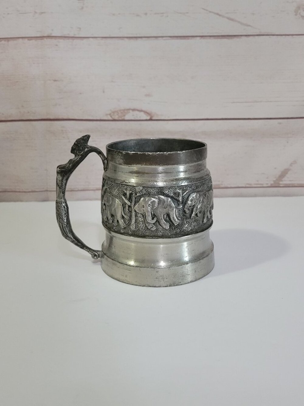 Unbranded Pewter Cup/Stein with Elephant Procession Pattern and Ornate Handle 4"